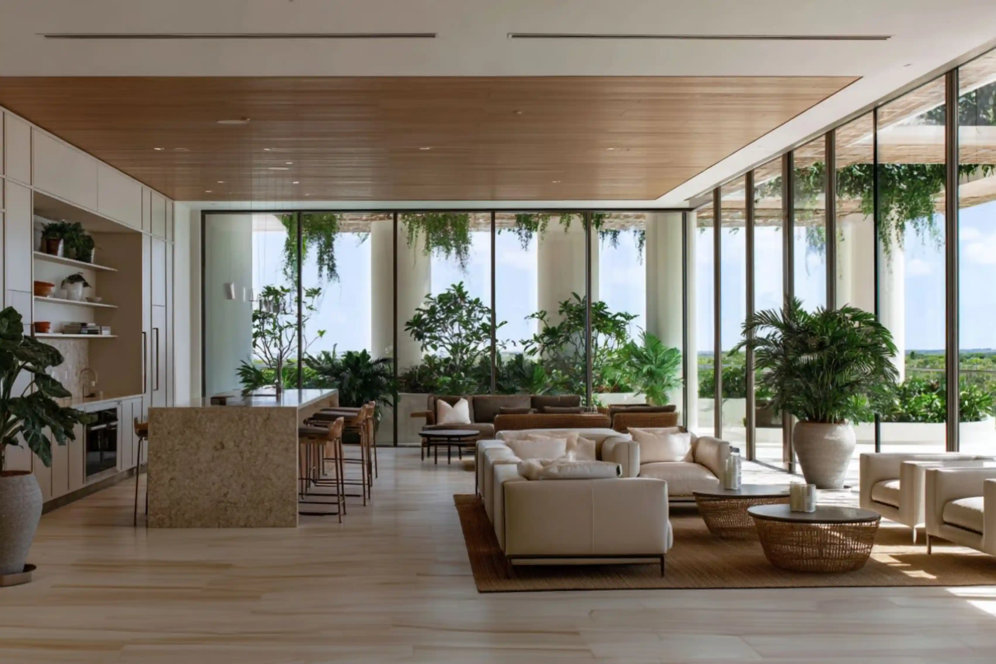 Ziggurat Corporate Project - Biophilic lobby design with wood slat ceiling and lush indoor planters - AiSpaces.webp
